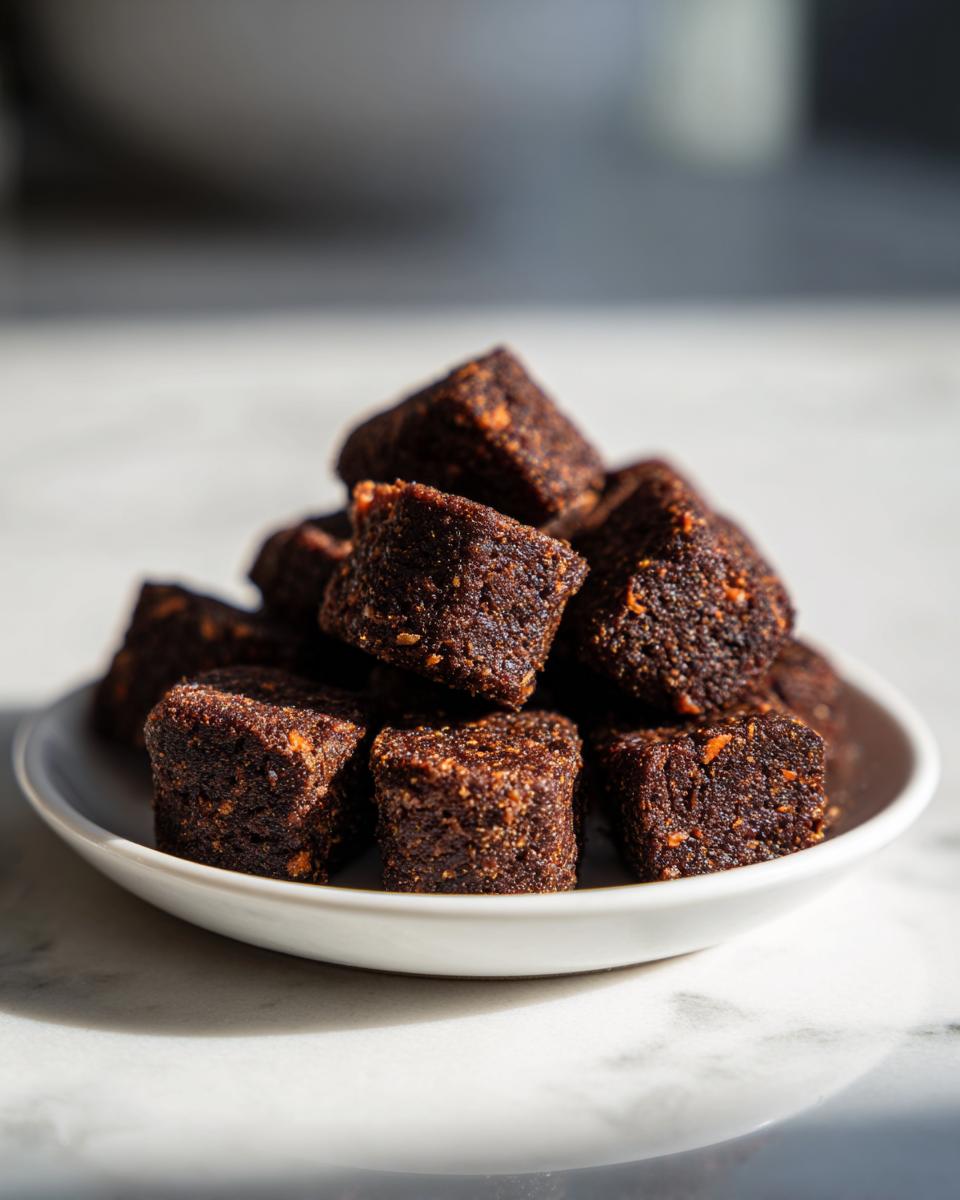 A small white bowl filled with dark brown, cube-shaped Werewolf Kibble pieces, illuminated by bright sunlight.