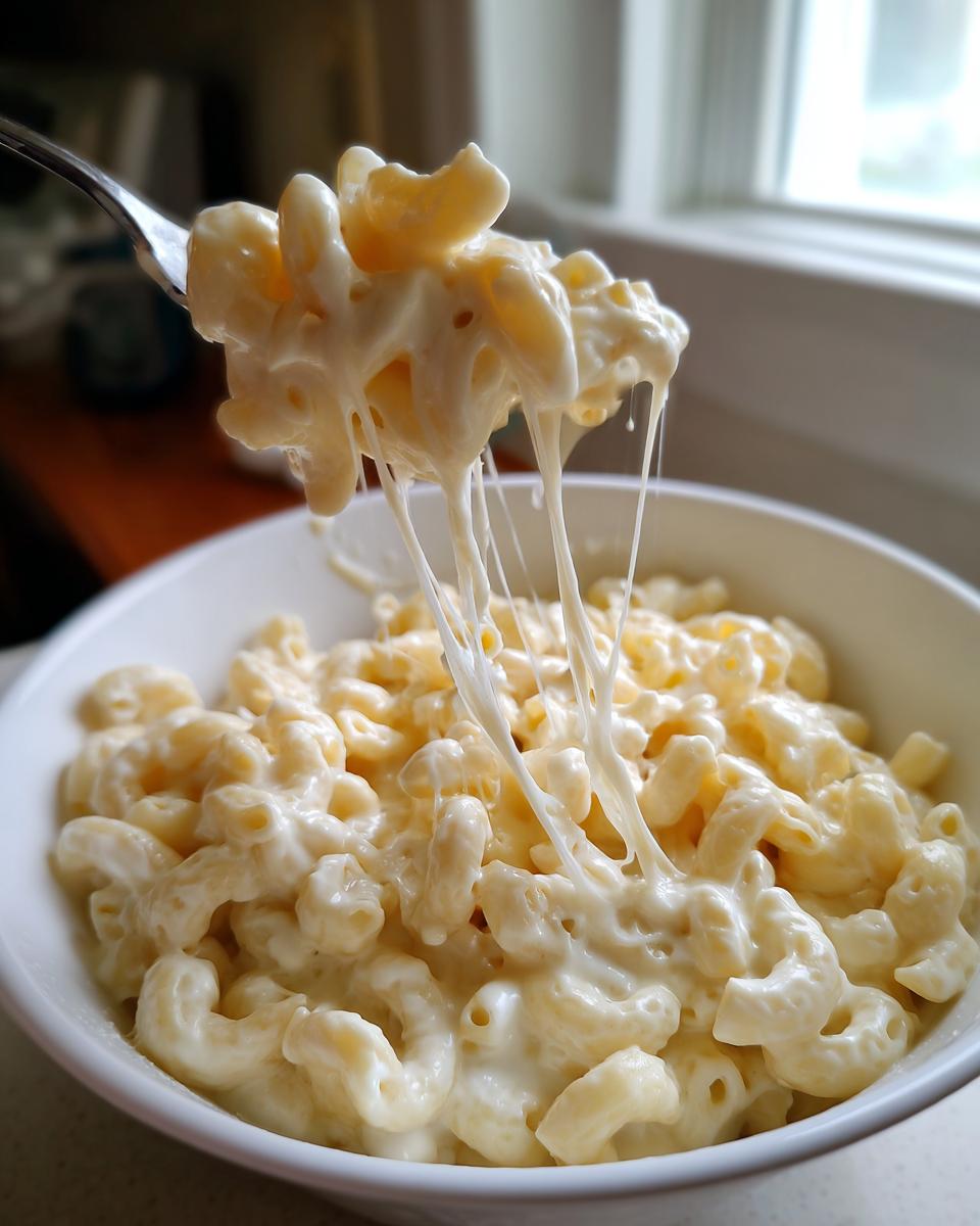 A fork lifting macaroni from a bowl of creamy White Cheddar Mac And Cheese, showing long, gooey cheese pulls.