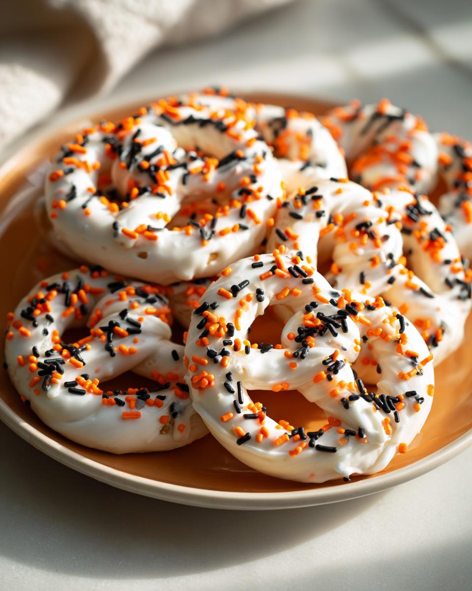 A plate of white chocolate covered Halloween Pretzels topped with orange and black sprinkles.