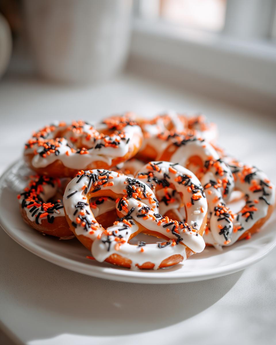 A plate piled high with soft, white-dipped Halloween Pretzels topped with orange and black sprinkles.