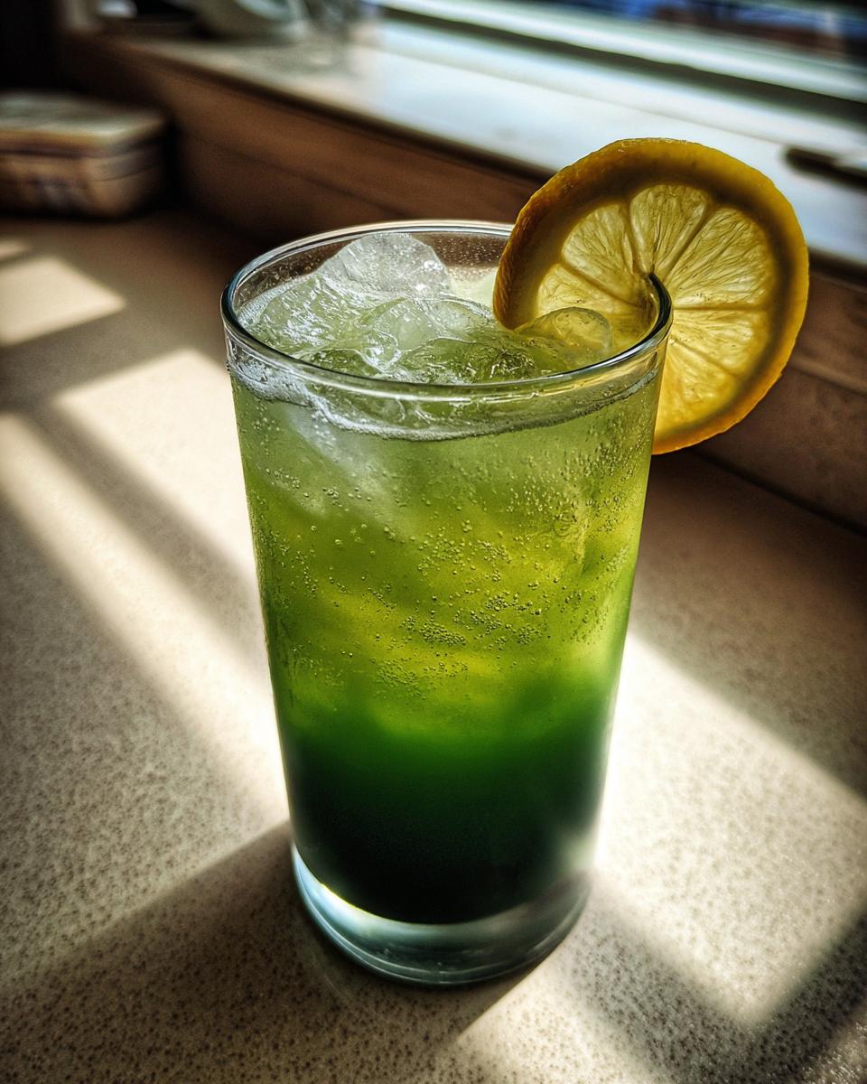 A tall glass filled with bubbly, layered green Witch Brew Lemonade and ice, garnished with a lemon wheel.