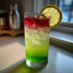 A tall glass filled with layered Witch Brew Lemonade, showing green, yellow, and red liquids over ice, garnished with a lemon slice.