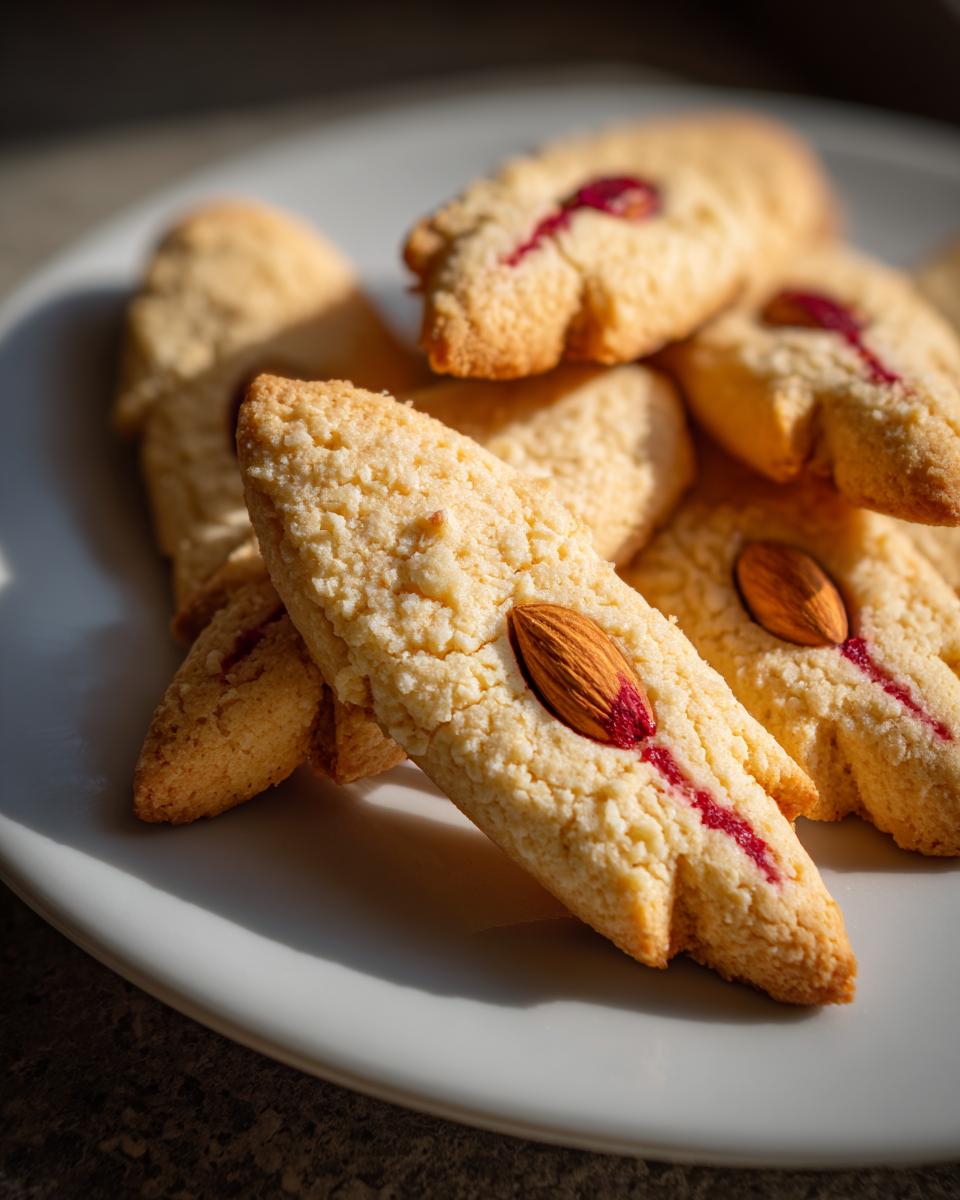 A pile of baked Witch Finger Cookies on a white plate, featuring an almond 'fingernail' and red jam 'blood'.