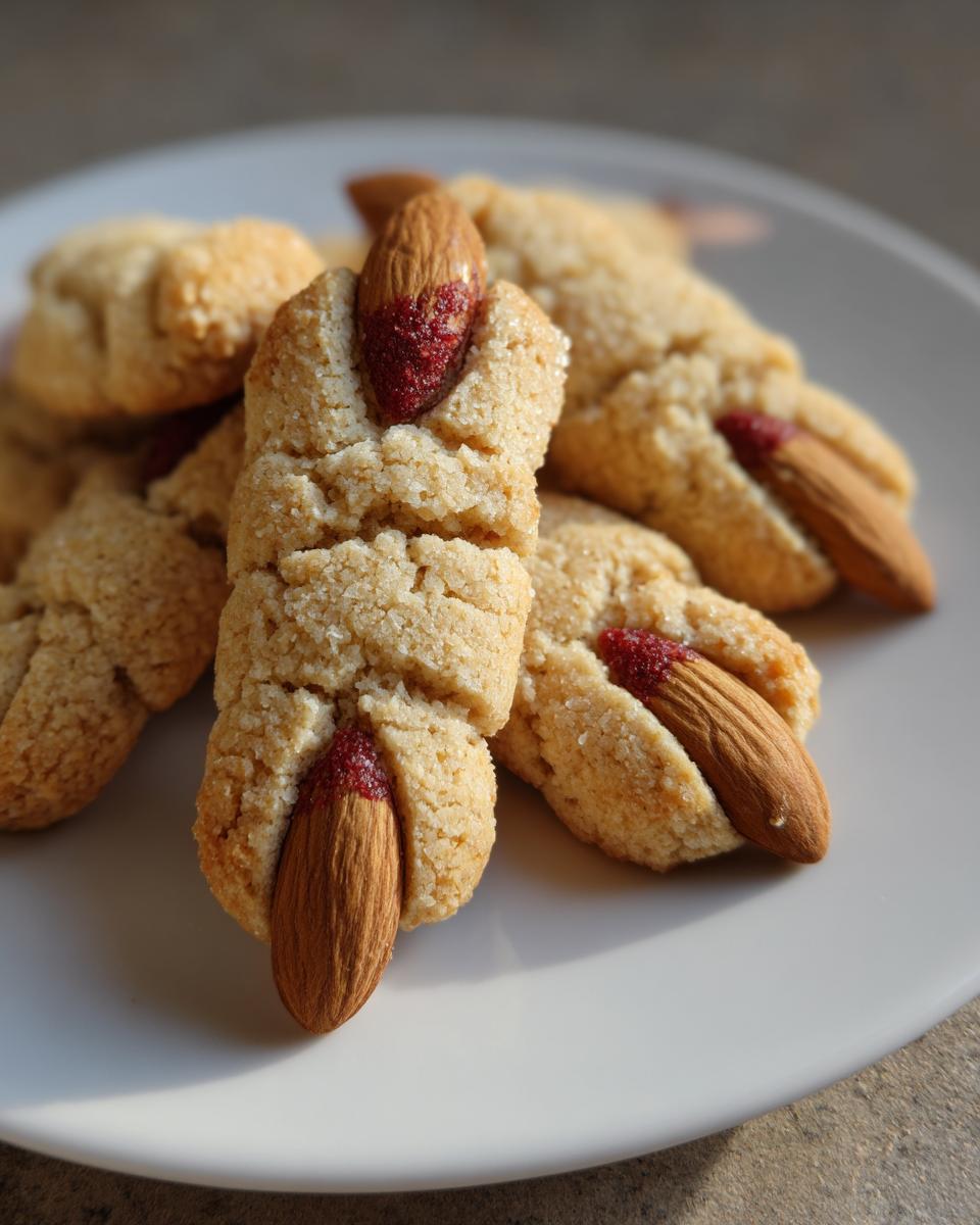 Close-up of several baked Witch Finger Cookies, each featuring an almond 'fingernail' dipped in red jam for a bloody effect.
