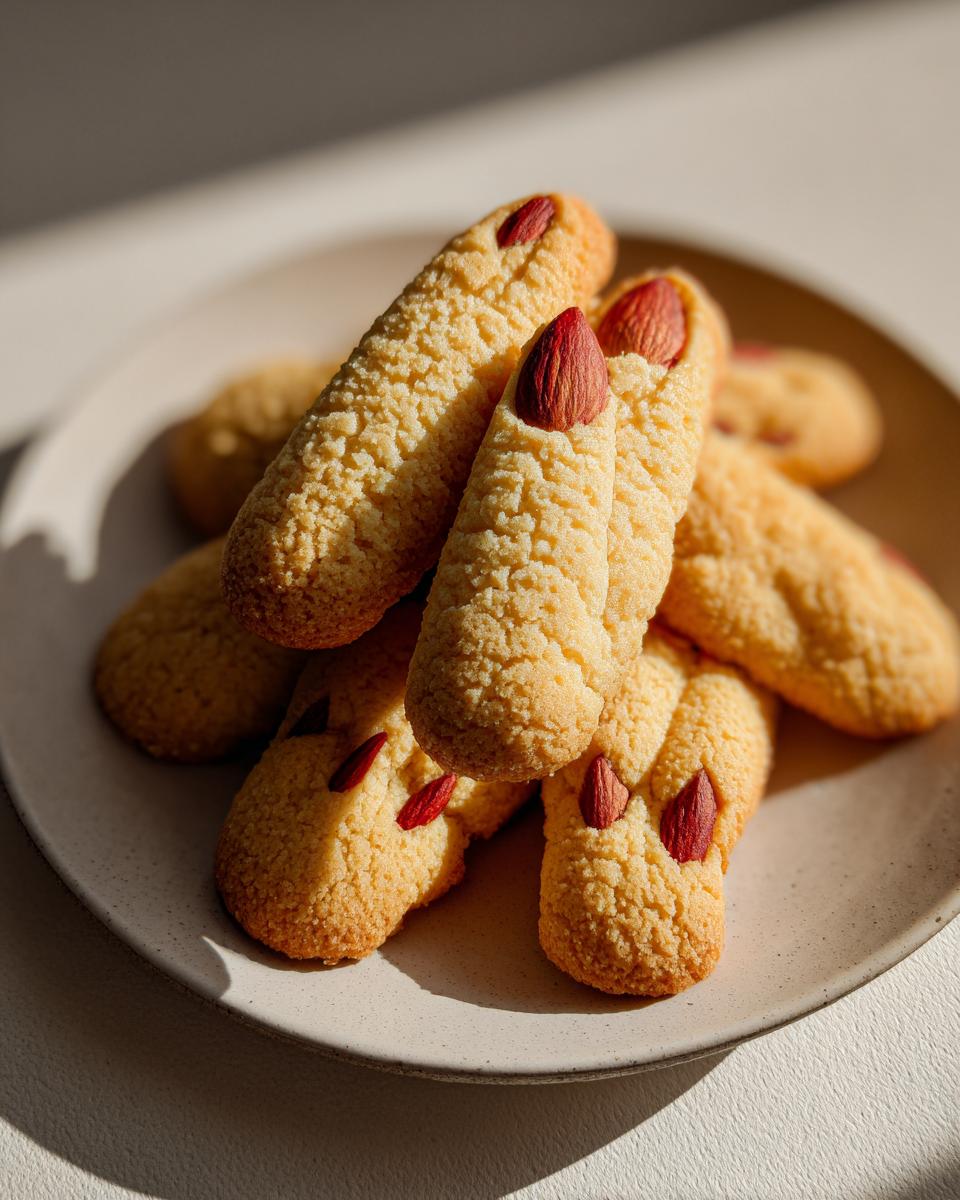 A close-up of several textured Witch Finger Cookies stacked on a light plate, each topped with an almond slice for a fingernail.