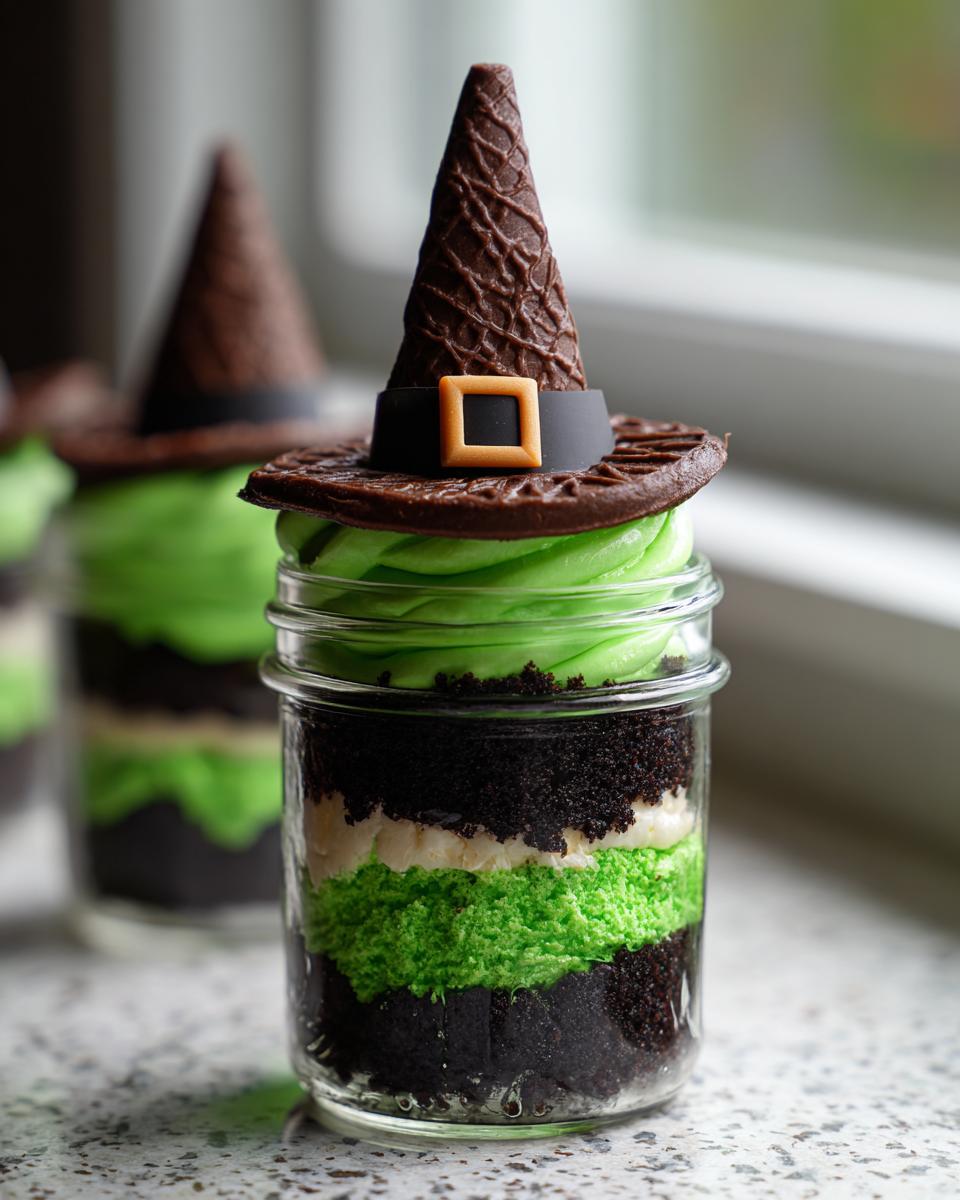 A layered Witch Halloween Cake Jar featuring black cake crumbs, green frosting, and topped with a decorative chocolate witch hat.