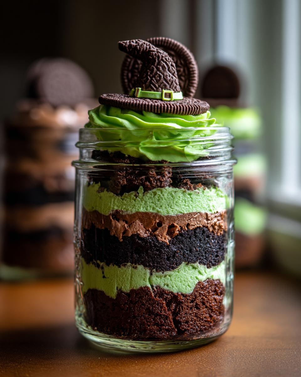 Close-up of a layered Witch Halloween Cake Jar featuring chocolate cake, green frosting, and a chocolate cookie witch hat.