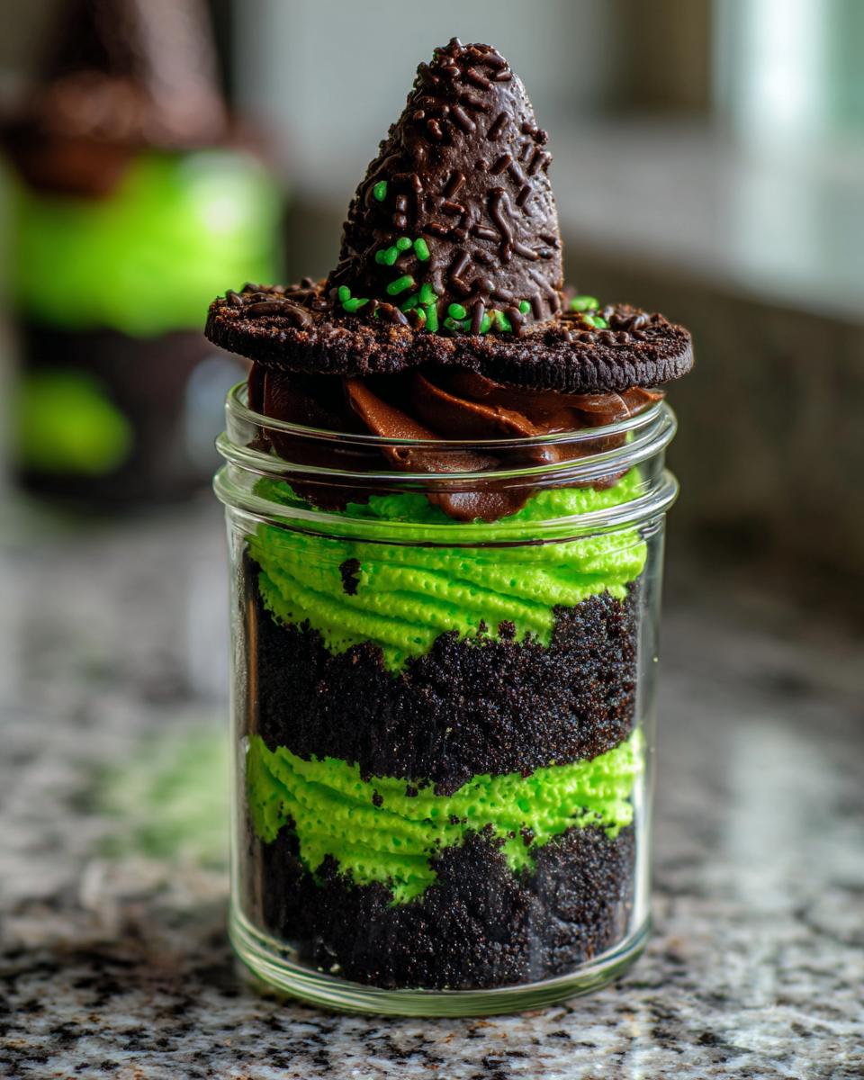 A close-up of a layered Witch Halloween Cake Jar featuring dark chocolate cake, bright green frosting, and a chocolate witch hat.