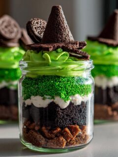 A close-up of a layered Witch Halloween Cake Jar featuring dark cake, white cream, green sprinkles, bright green frosting, and a chocolate witch hat.