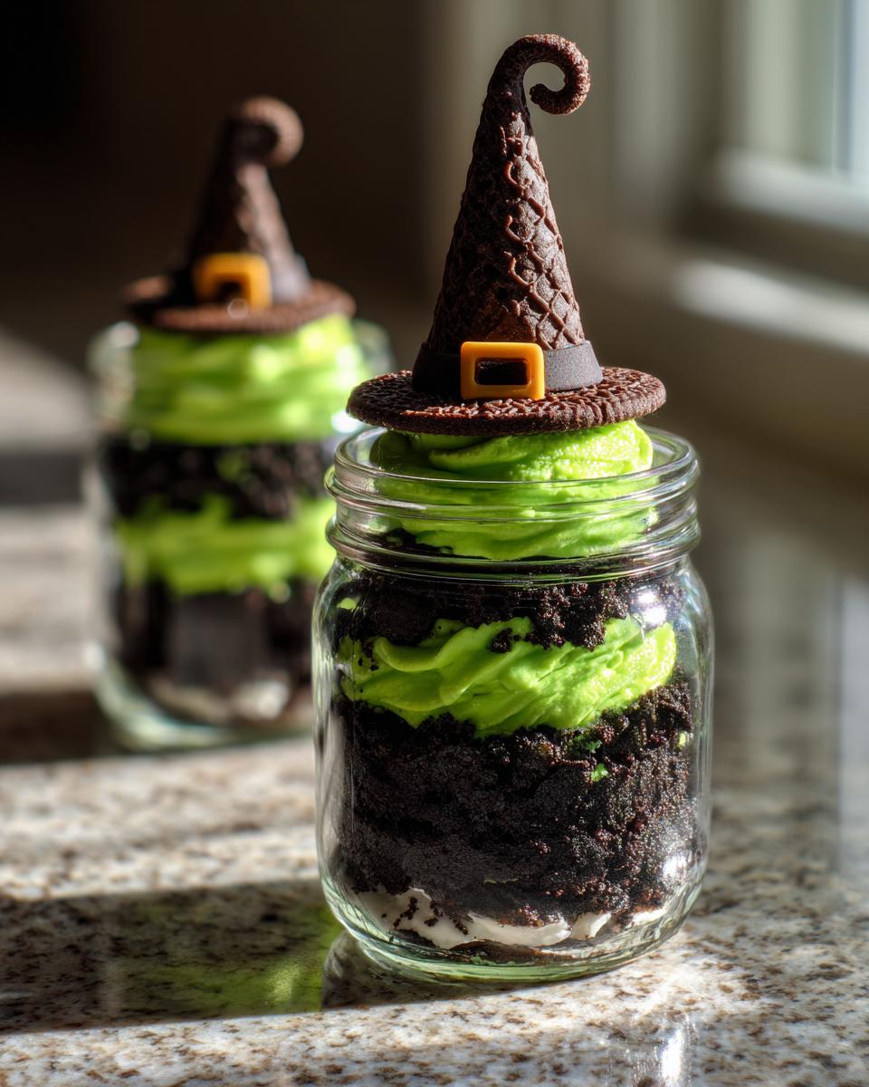 Close-up of a layered Witch Halloween Cake Jar featuring chocolate cake, bright green frosting, and a chocolate witch hat cookie topper.