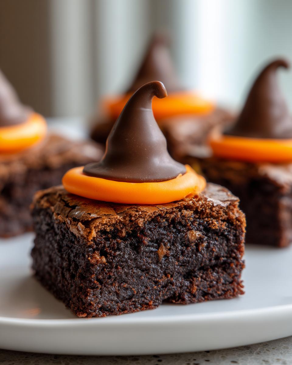 A close-up of a rich, fudgy Witch Hat Brownies square topped with chocolate hat and orange candy band.