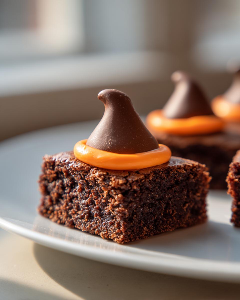 A close-up of one rich, fudgy Witch Hat Brownie topped with orange frosting and a chocolate kiss.