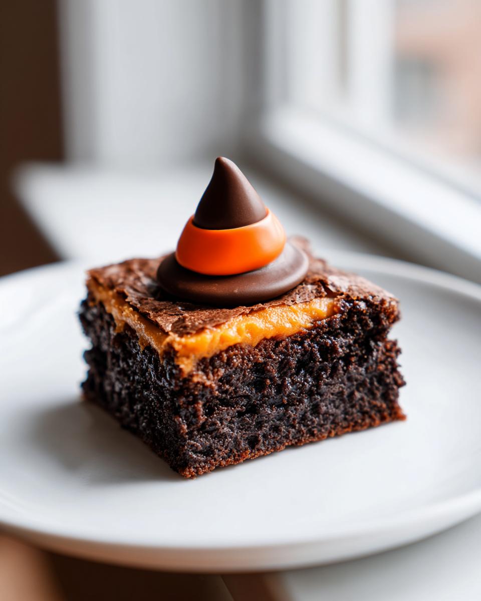 Close-up of a single Witch Hat Brownies square topped with orange frosting and a chocolate candy witch hat.