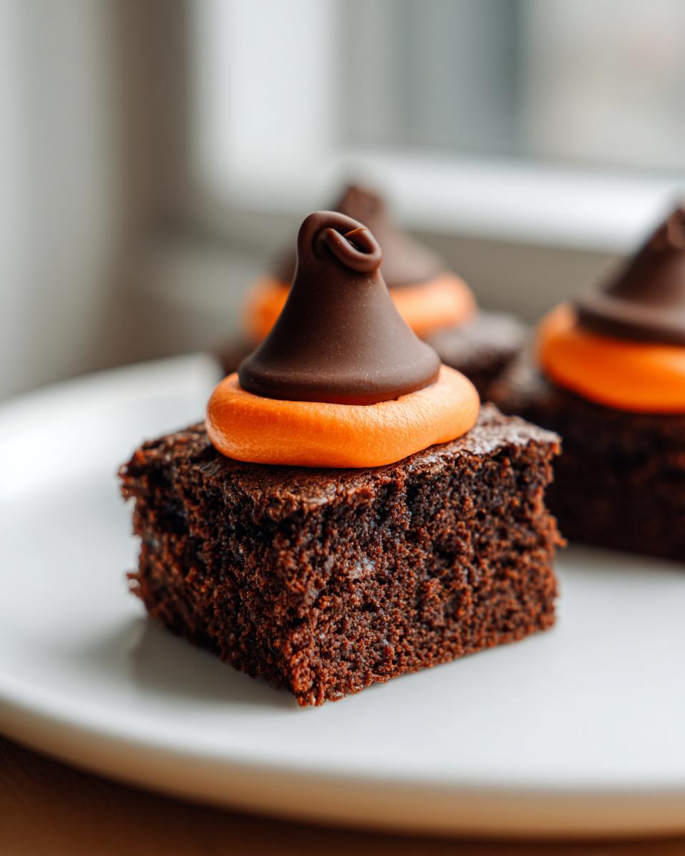 A close-up of one fudgy square of Witch Hat Brownies topped with orange frosting and a chocolate kiss.