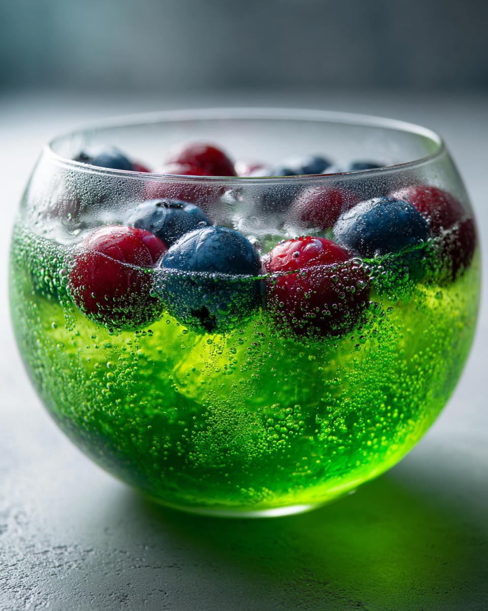 Close-up of bubbling green Witch Potion Punch garnished with floating red and blue berries in a clear glass bowl.