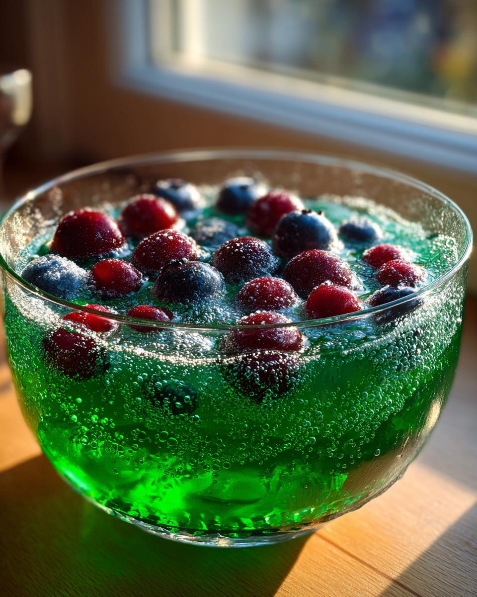 Close-up of bright green, bubbly Witch Potion Punch in a glass bowl, topped with floating red and blue berries.