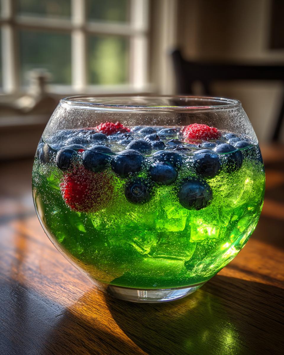 Close-up of a bright green, bubbly Witch Potion Punch garnished with floating blueberries and raspberries.