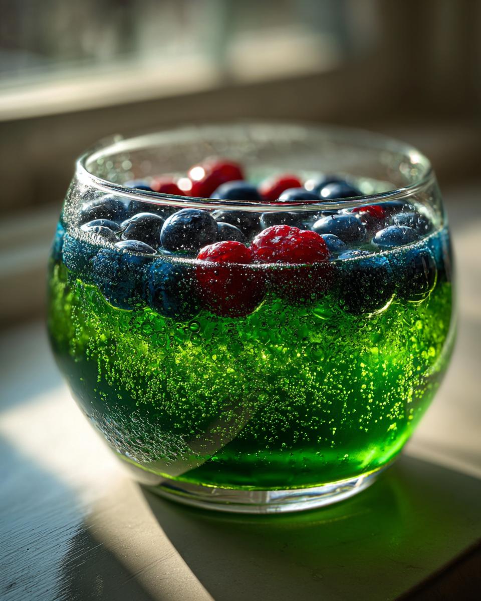 Close-up of a glass filled with bubbling green Witch Potion Punch topped with blueberries and raspberries.
