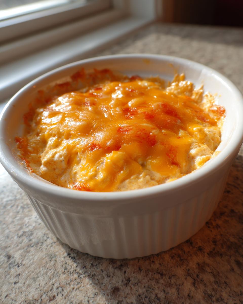 Close-up of hot, bubbly Buffalo Chicken Dip topped with melted orange cheddar cheese in a white ramekin.