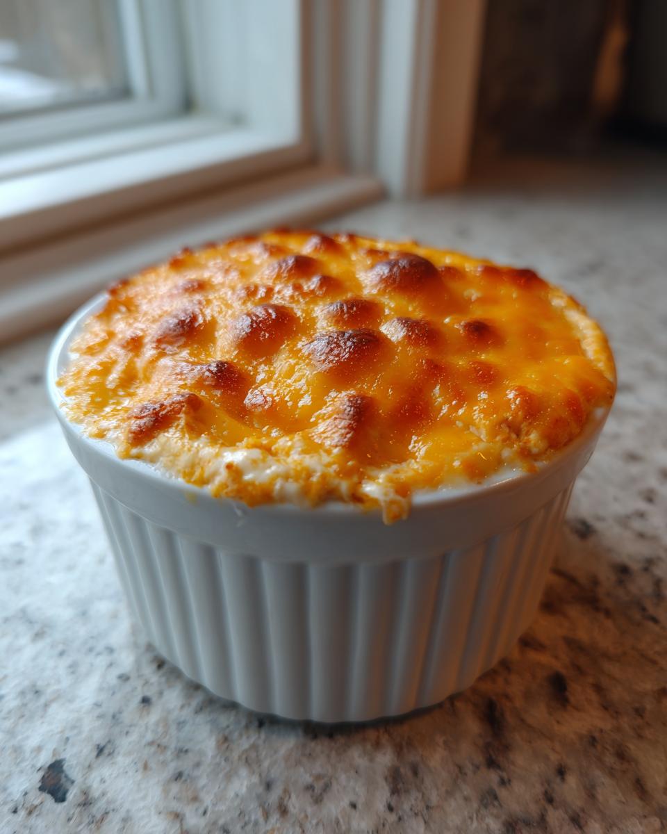 A small, single-serving of hot Buffalo Chicken Dip topped with bubbly, browned cheddar cheese in a white ramekin.