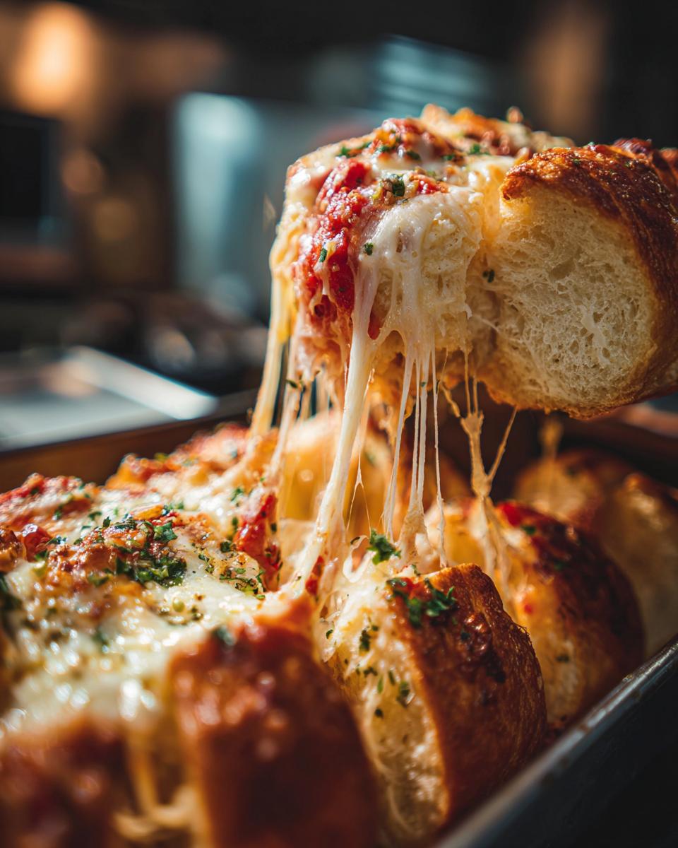 A piece of amazing Pull Apart Pizza Bread being lifted, showing long, dramatic cheese pulls and marinara sauce.