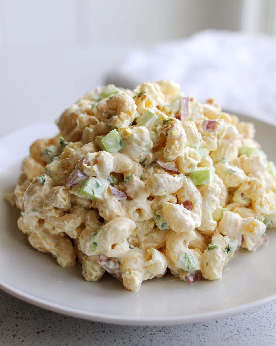 A mound of creamy American Macaroni Salad featuring elbow macaroni, celery, and red onion served on a white plate.