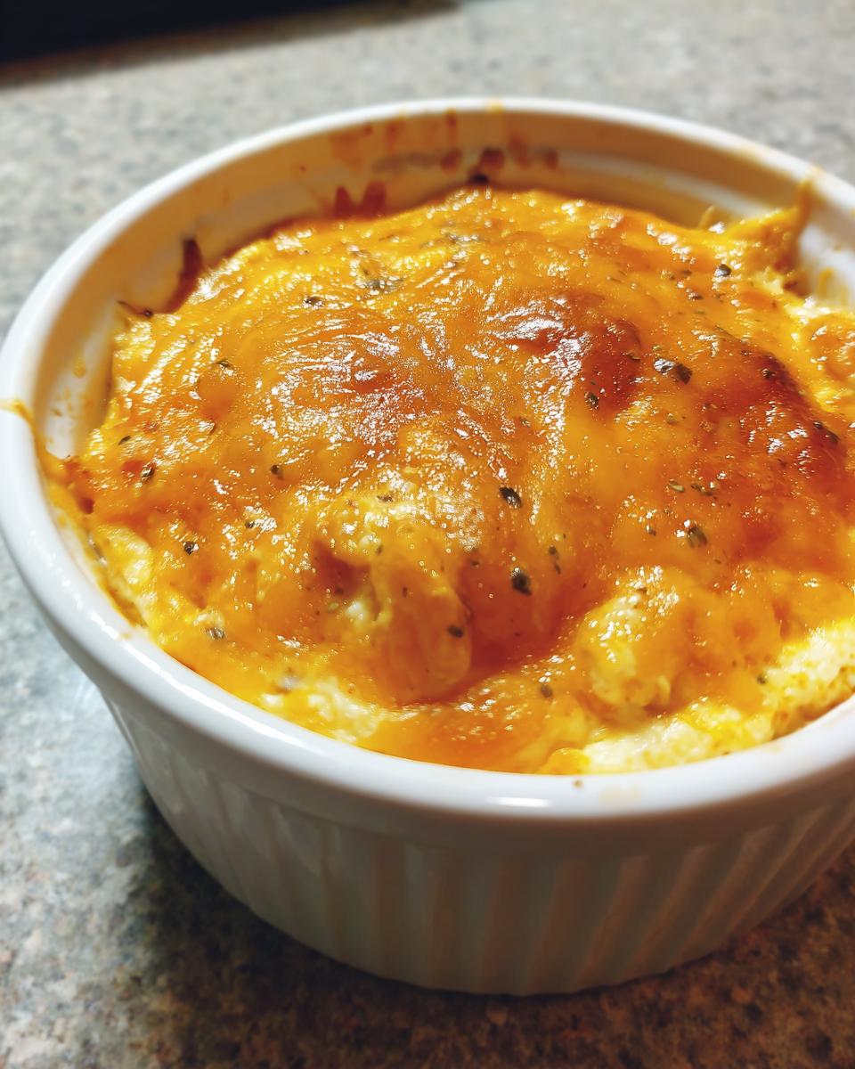 A close-up shot of hot, bubbly Buffalo Chicken Dip topped with melted orange cheese in a white ramekin.