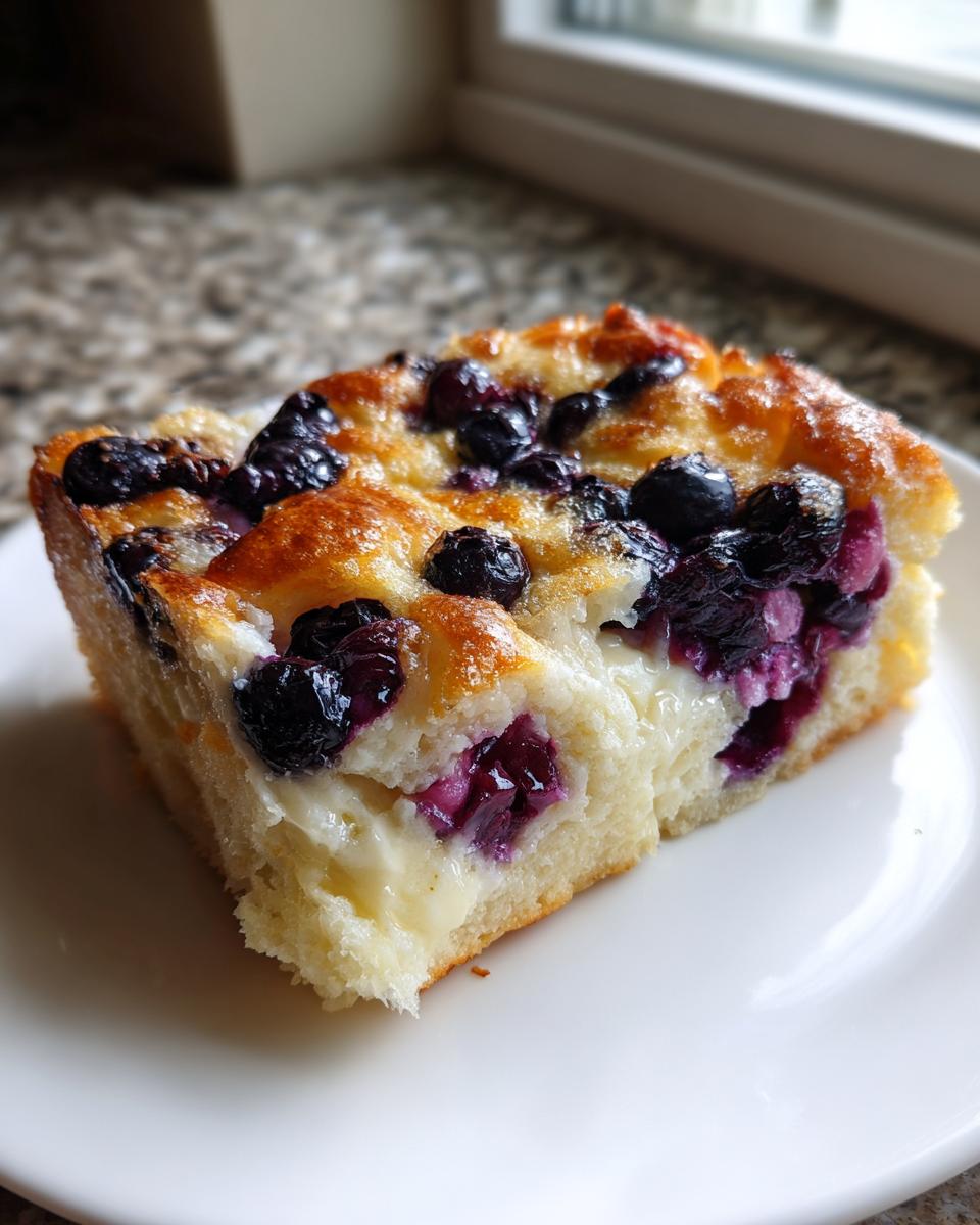 A close-up of a square slice of Blueberry Buttermilk Pancake Casserole with a golden top and creamy filling.