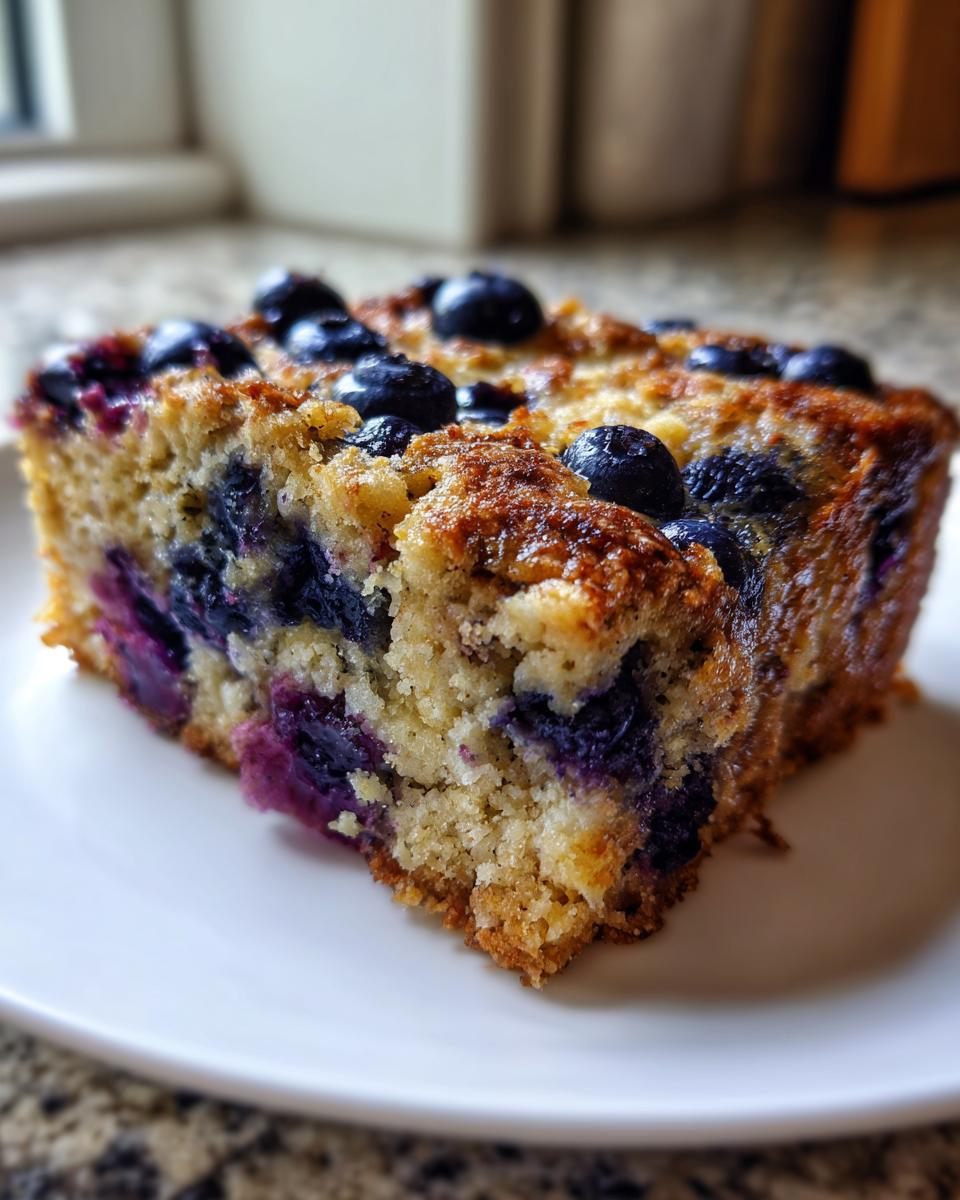 A close-up of a golden-brown slice of Blueberry Buttermilk Pancake Casserole, studded with juicy blueberries, served on a white plate.