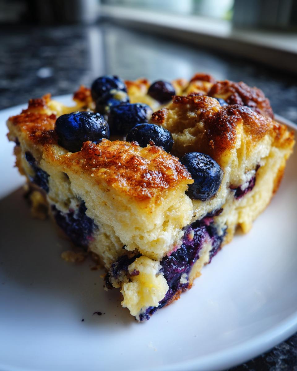 Close-up of a moist slice of Blueberry Buttermilk Pancake Casserole topped with fresh blueberries.