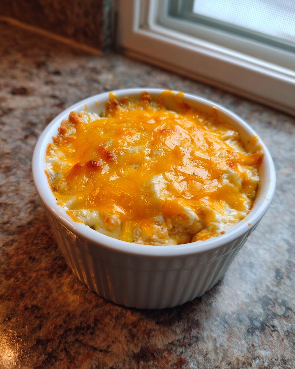 Close-up of hot, cheesy Buffalo Chicken Dip baked in a white ramekin dish.
