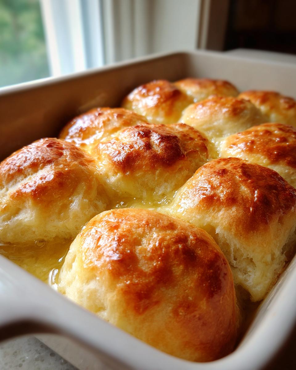 Close-up of golden brown Butter Swim Biscuits soaking in melted butter in a baking dish.