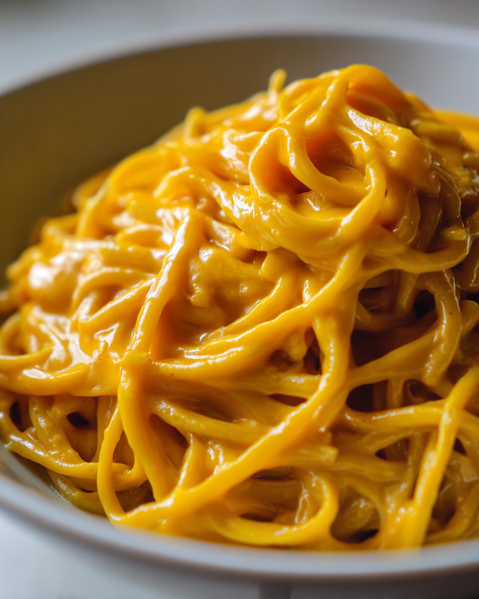 Close-up of spaghetti noodles heavily coated in a rich, vibrant orange Butternut Squash Pasta Sauce.
