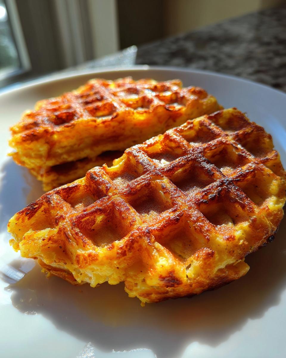 Two golden brown, crispy Cauliflower Waffles stacked slightly on a white plate, highlighted by sunlight.