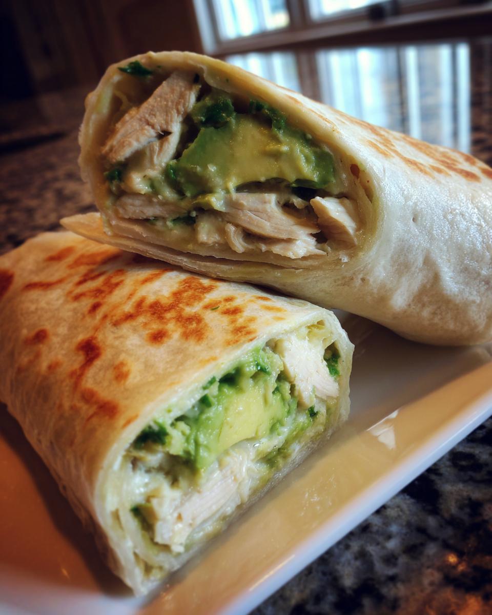 Two halves of a Chicken Avocado Ranch Burrito cut open, showing shredded chicken and creamy avocado filling.
