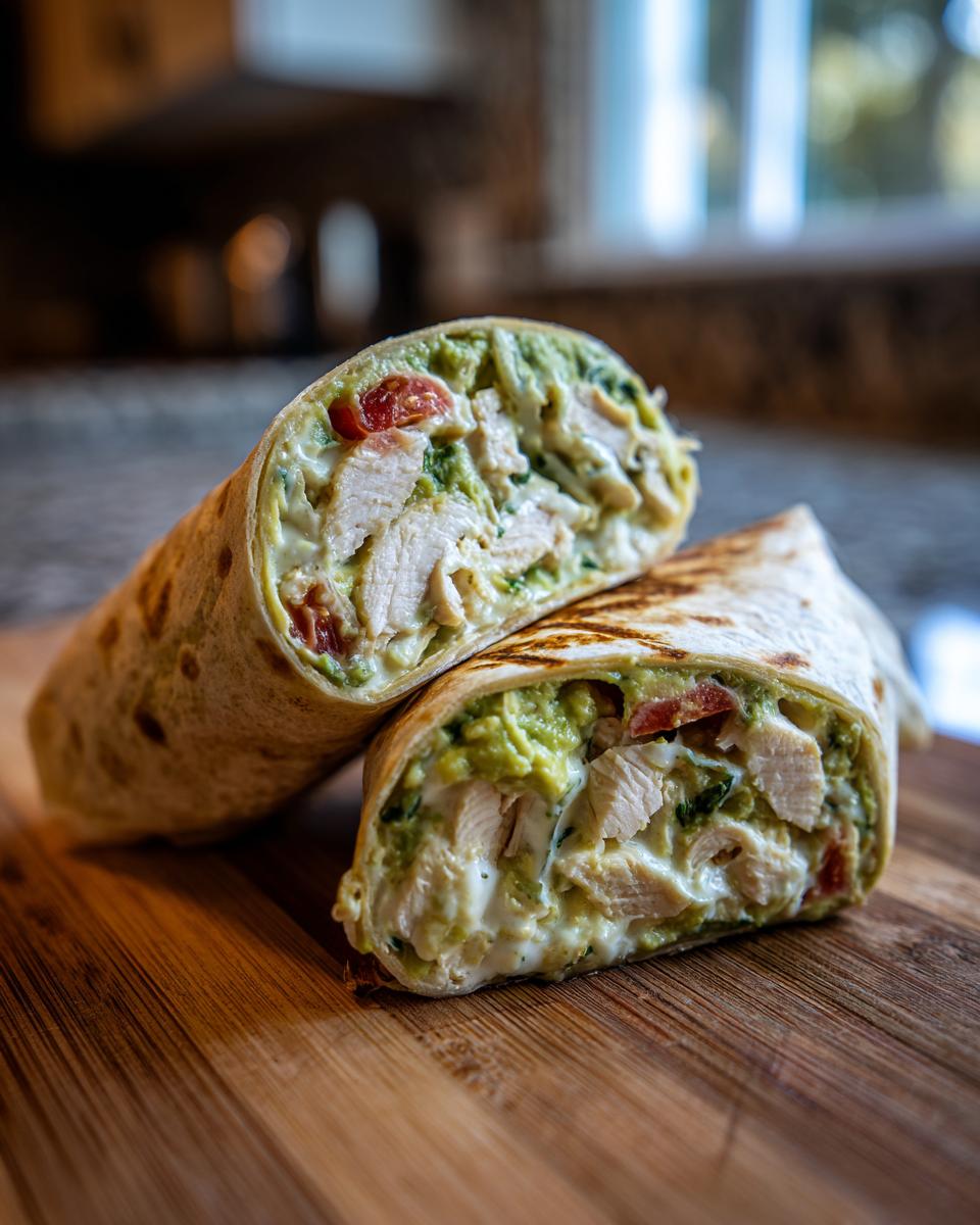 A close-up of Chicken Avocado Ranch Burritos cut in half, showing chunks of chicken, creamy ranch, and avocado filling.