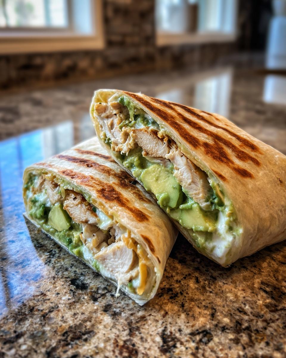 Two halves of a grilled Chicken Avocado Ranch Burrito showing grilled chicken, creamy ranch, and sliced avocado filling.