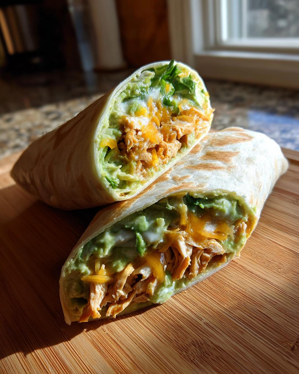 A halved Chicken Avocado Ranch Burritos showing shredded chicken, avocado mash, cheese, and lettuce inside a warm tortilla.