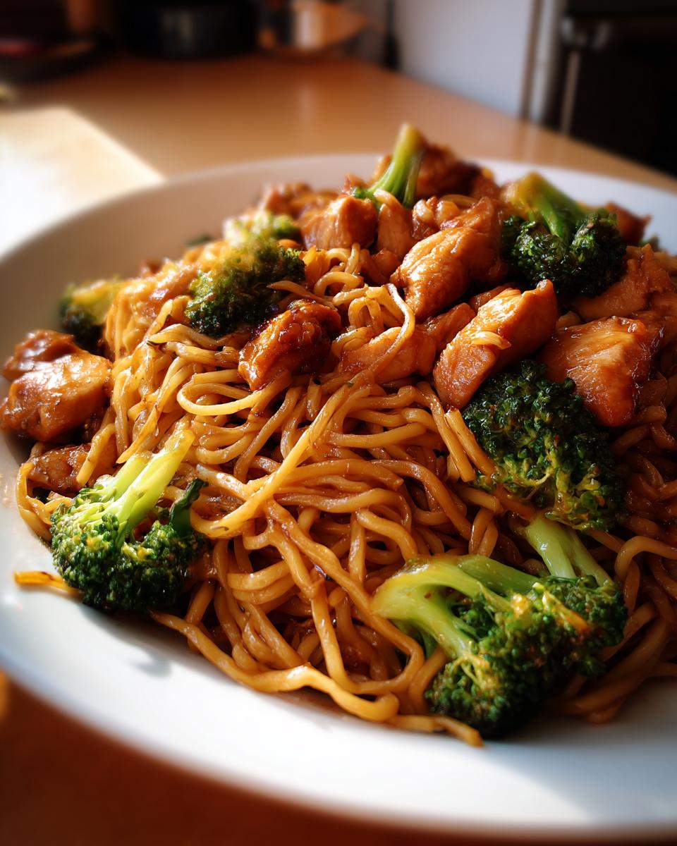 Close-up of a bowl filled with savory Chicken Ramen Stir Fry, featuring glossy noodles, chicken pieces, and bright green broccoli florets.