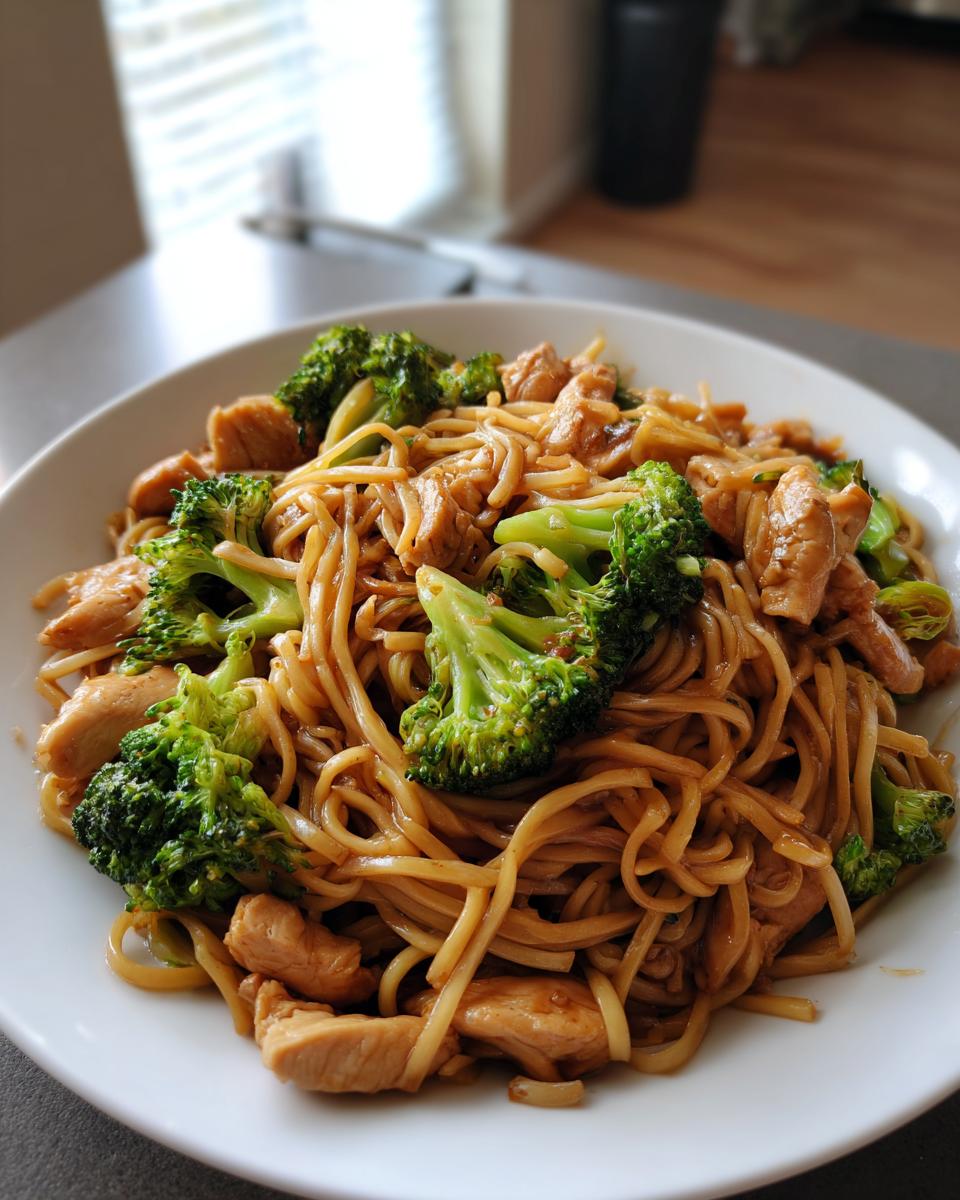 A close-up of a white bowl filled with Chicken Ramen Stir Fry, featuring noodles, chunks of chicken, and bright green broccoli florets.