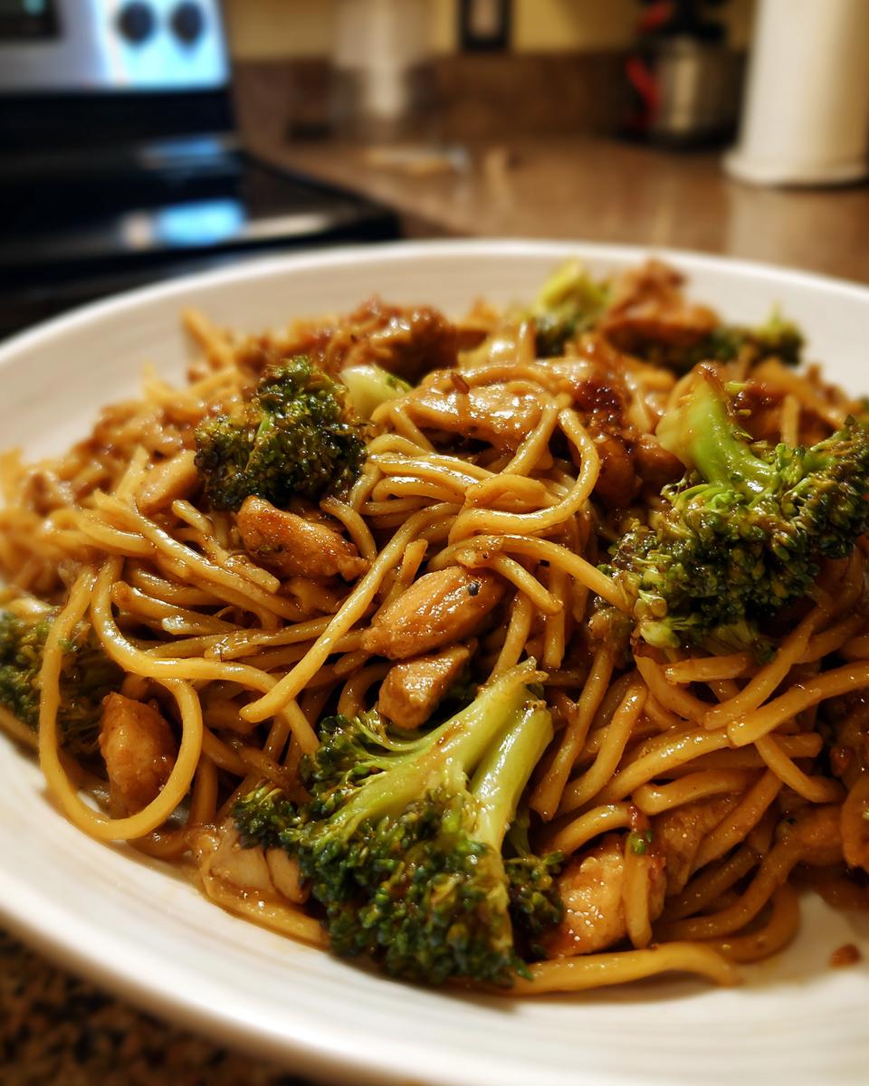 Close-up of a white bowl filled with Chicken Ramen Stir Fry featuring noodles, chicken pieces, and bright green broccoli florets.