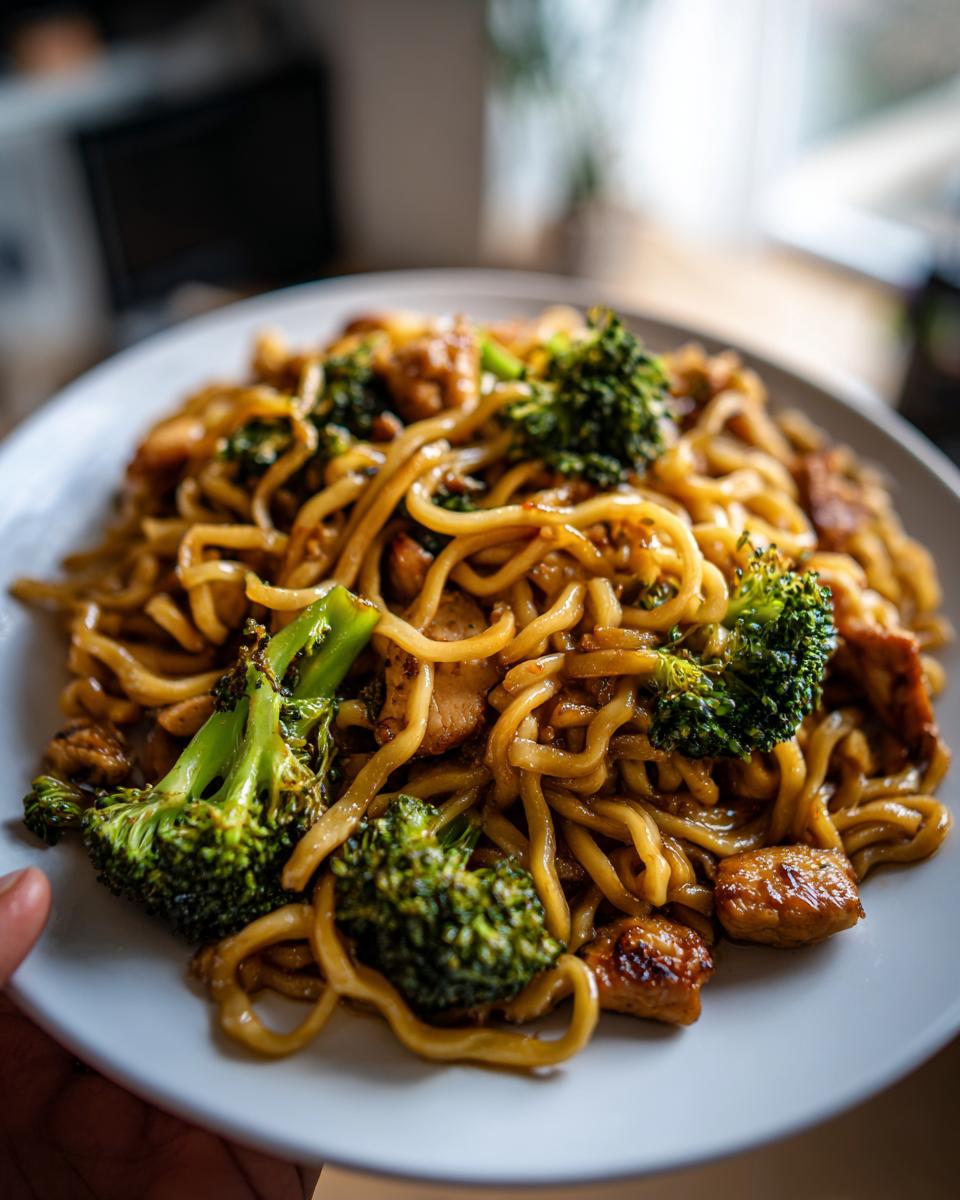Close-up of a white plate filled with glossy Chicken Ramen Stir Fry, featuring noodles, chicken pieces, and bright green broccoli florets.
