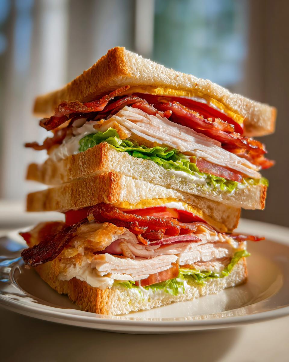A towering, triple-decker Club Sandwich featuring layers of turkey, crispy bacon, lettuce, tomato, and mayo on toasted white bread.