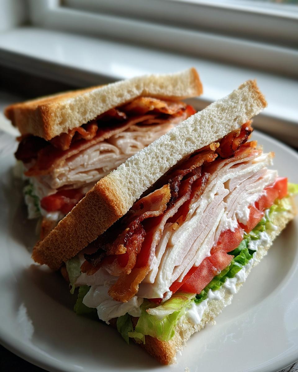 A delicious Club Sandwich, cut diagonally and stacked, showing layers of toasted bread, turkey, crispy bacon, tomato, lettuce, and mayo.
