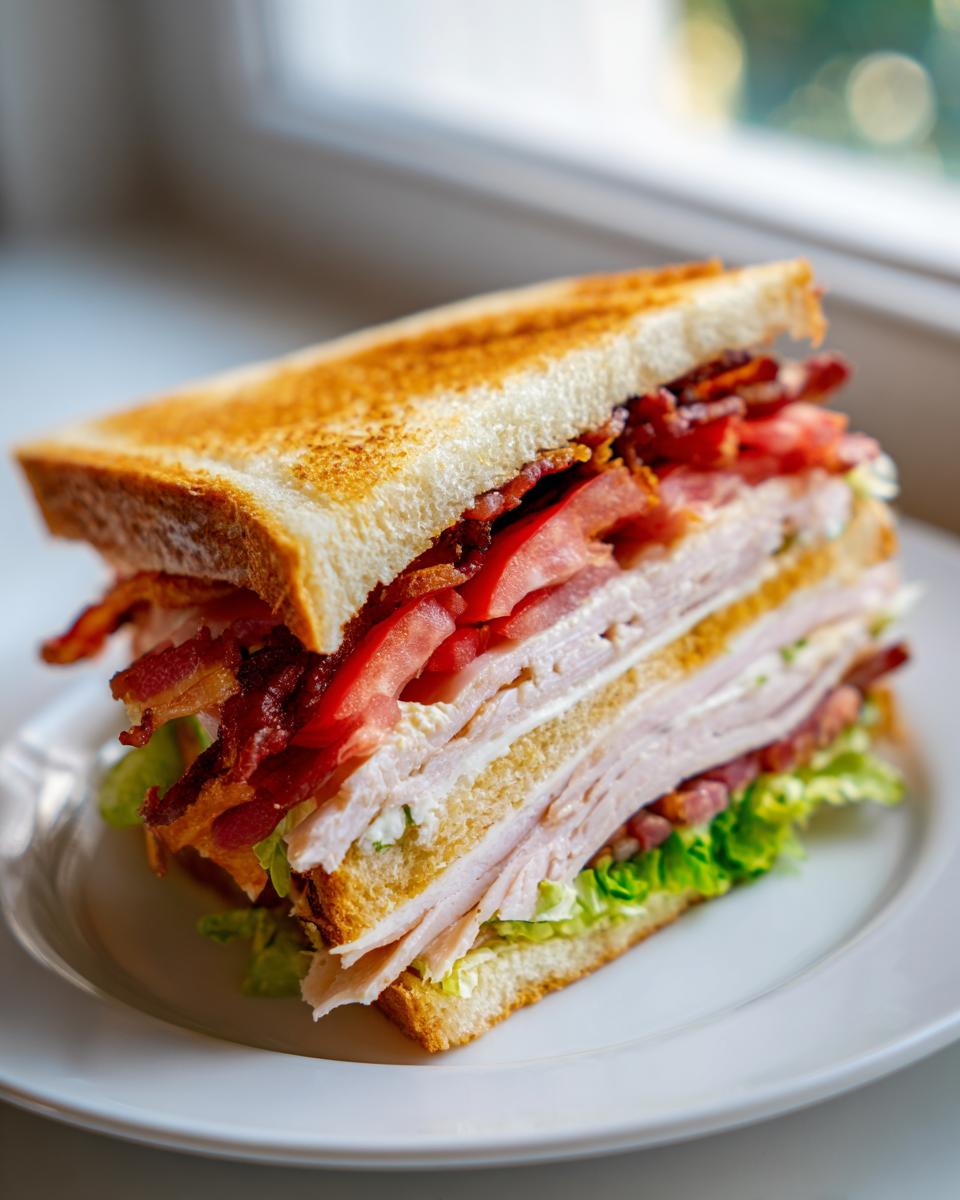 A tall, triple-decker Club Sandwich cut in half, showing layers of turkey, bacon, tomato, and lettuce on toasted white bread.