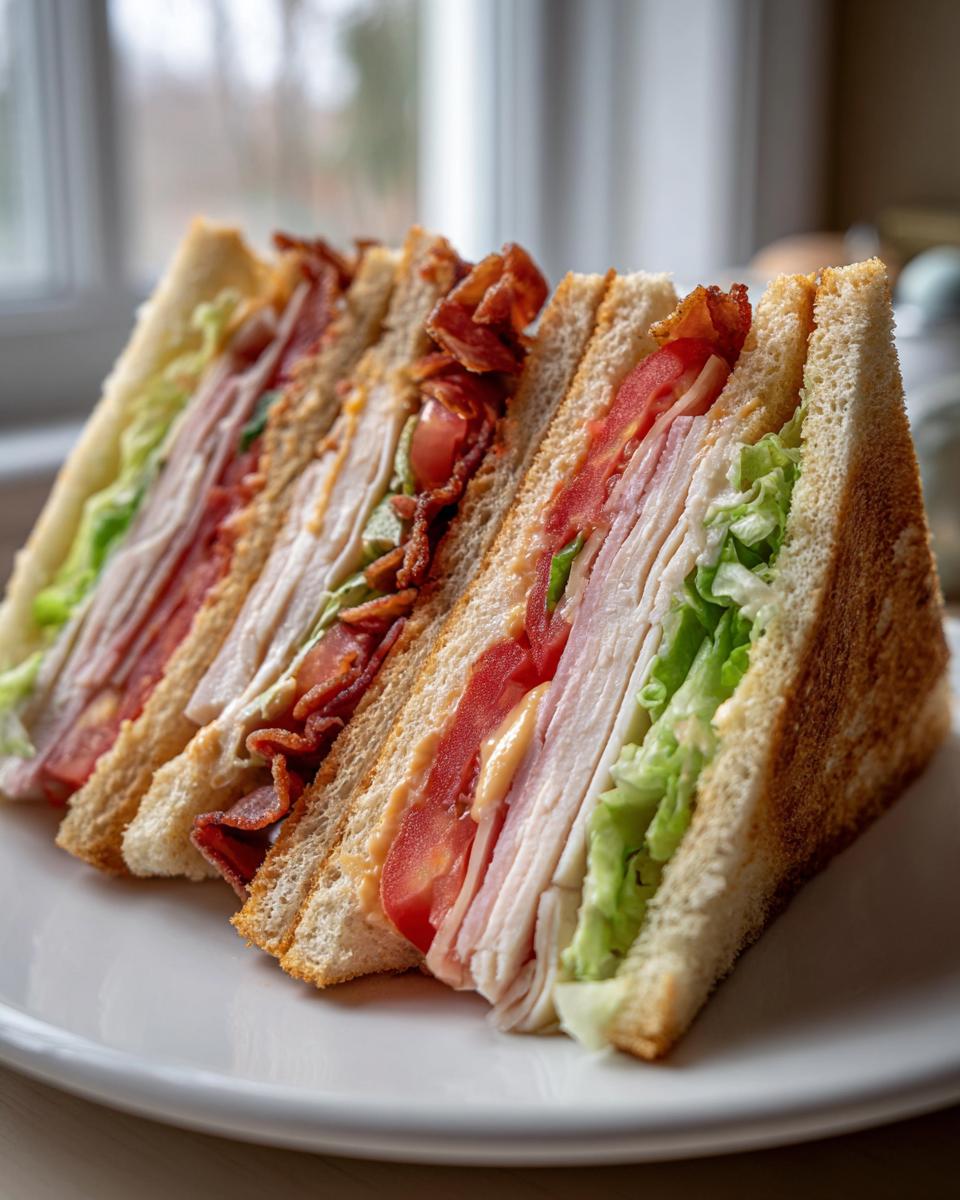 A tall, triple-decker Club Sandwich cut into quarters, showing layers of turkey, ham, bacon, lettuce, and tomato.