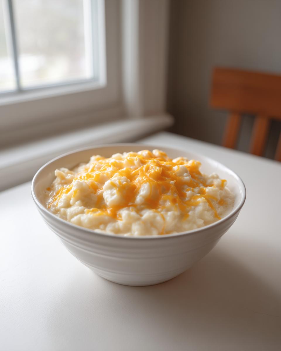 A white bowl filled with creamy Crack Potato Soup topped generously with melted shredded cheddar cheese.