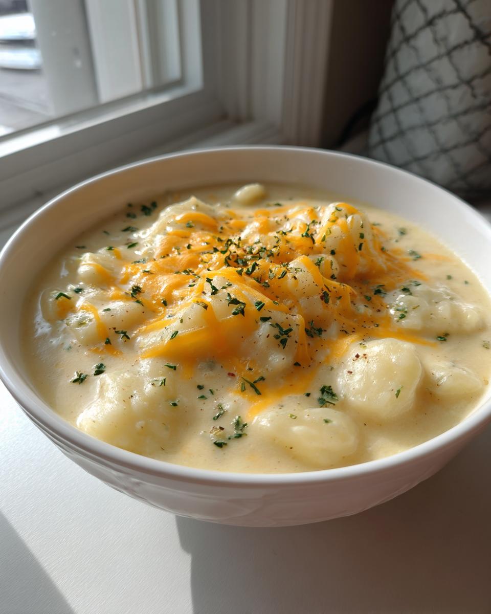 A close-up of a white bowl filled with creamy Crack Potato Soup, topped generously with melted cheddar cheese and chopped parsley.