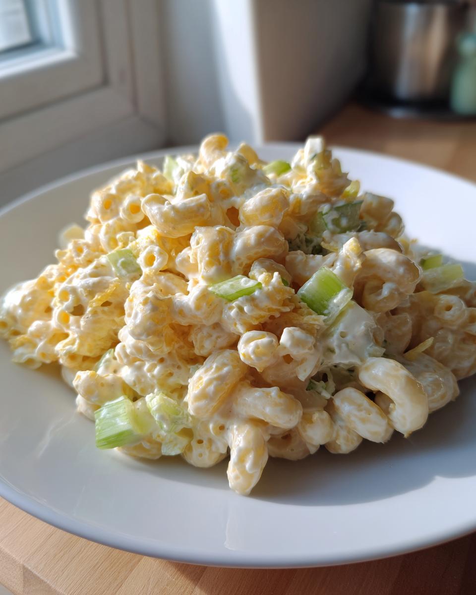 A close-up of a generous serving of creamy American Macaroni Salad mixed with chopped celery on a white plate.