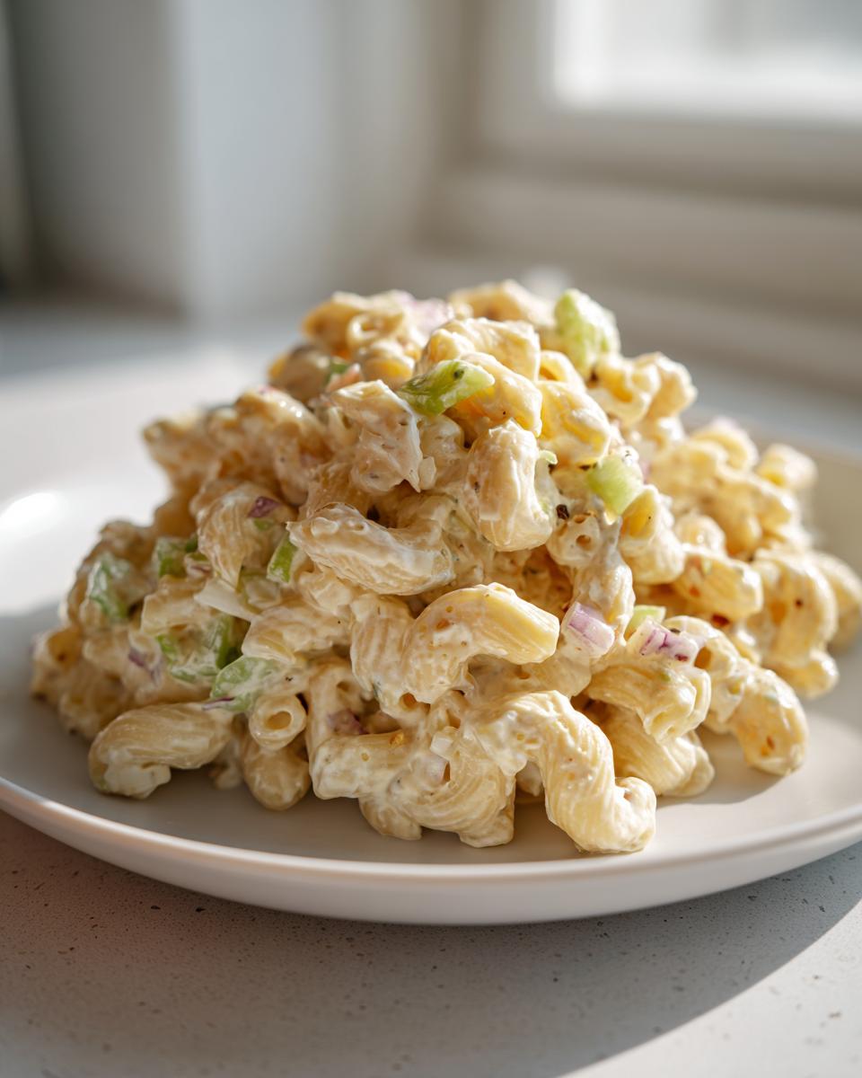 A mound of creamy American Macaroni Salad featuring elbow macaroni, celery, and red onion on a white plate.